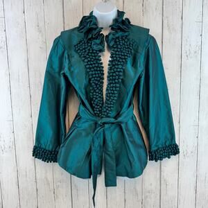 VTG Chez Vouz de France Green Satin Ruffle Belted Iridescent Jacket Size Large